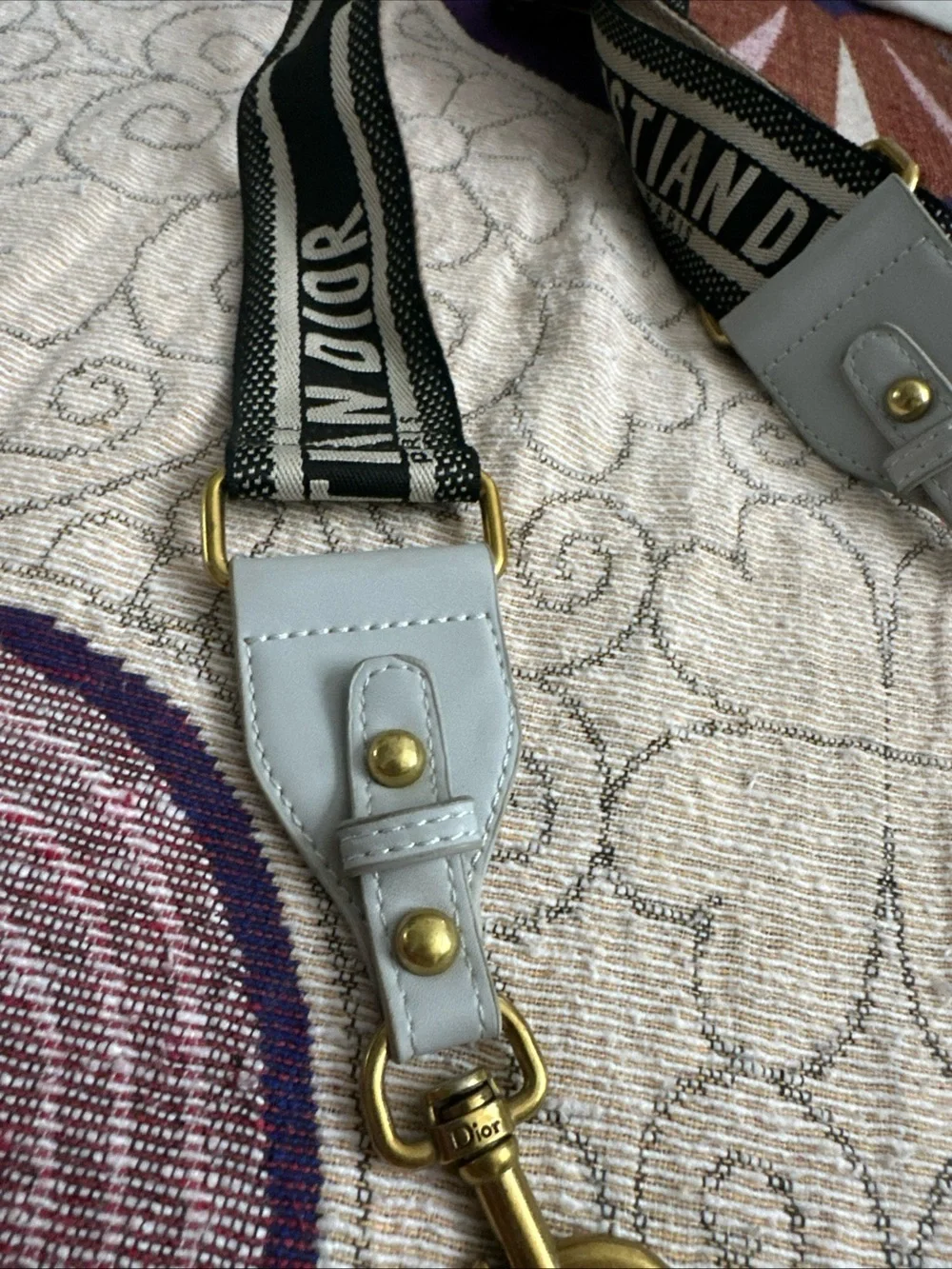 Christian Dior Embroidered Canvas Shoulder Strap Adjustable Gray Leather